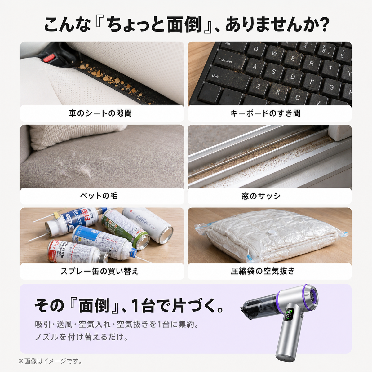 【1台4役・17,000Pa】強力吸引 ハンディクリーナー 空気入れ・空気抜き対応 9種ノズル Type-C充電  車内・PC・家庭用【全国送料無料🚗】