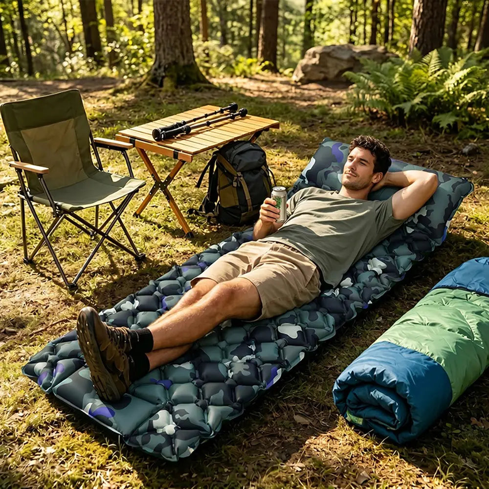 【全国送料無料🚗】キャンプ用エアーマット 枕一体型｜手押しで簡単空気入れ コンパクト収納 1人用 車中泊・テント泊・アウトドア