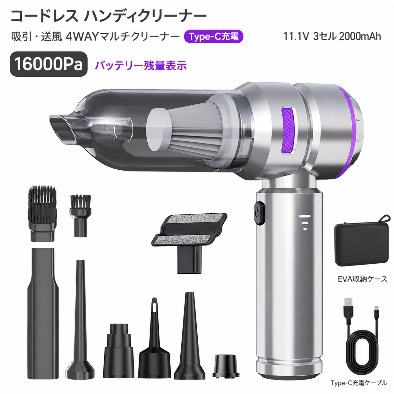 【1台4役 16000Pa】多機能ハンディクリーナー  Type-C充電 車用・家庭用 【全国送料無料🚗】