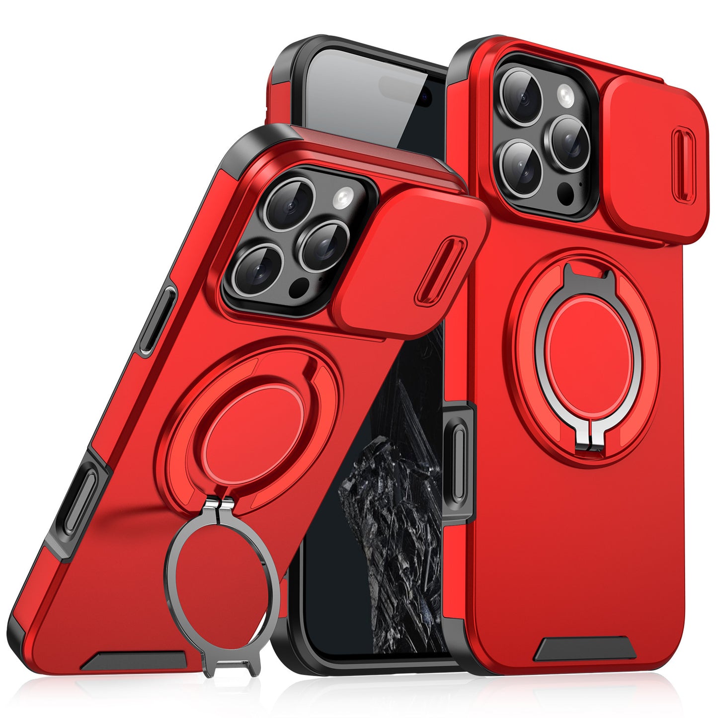 【本日終了⏰】【iPhone 11〜17シリーズ対応】スライドカバー×360°回転リング搭載 スマホケース【全国送料無料🚗】