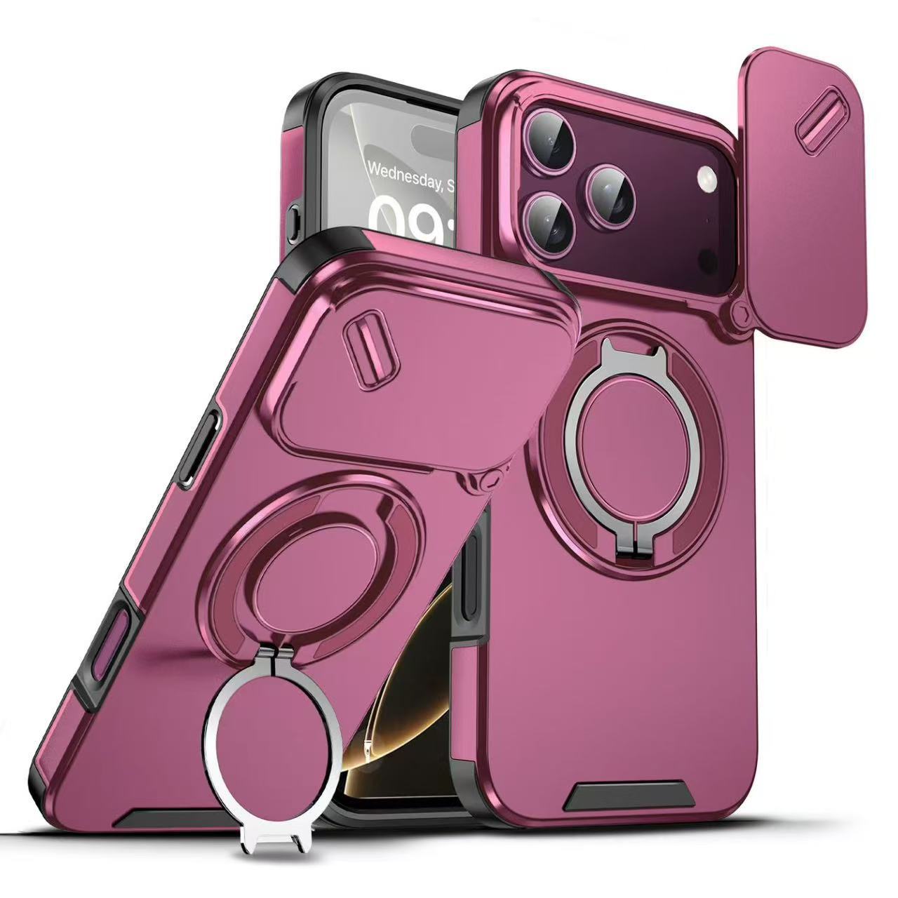 【本日終了⏰】【iPhone 11〜17シリーズ対応】スライドカバー×360°回転リング搭載 スマホケース【全国送料無料🚗】