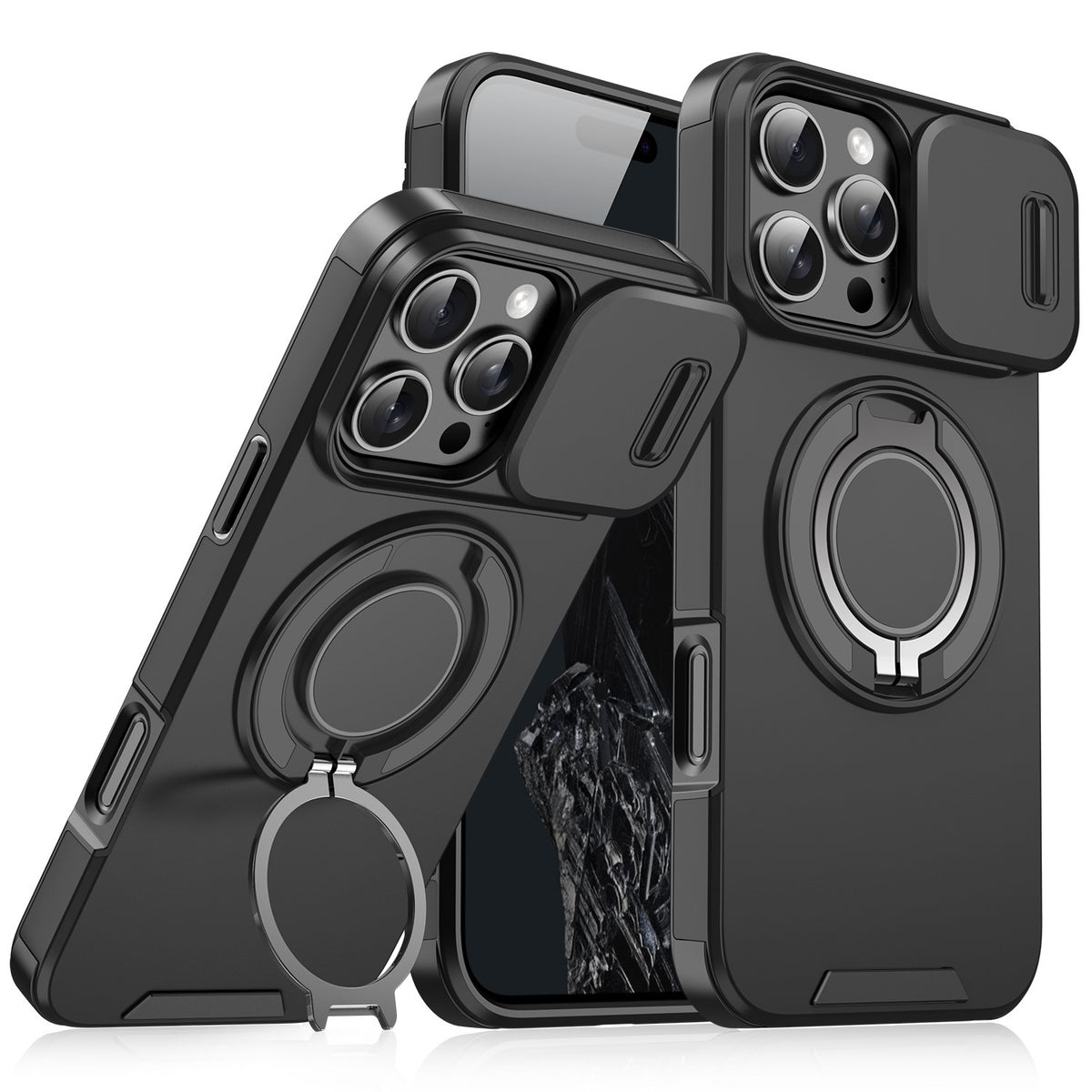 【本日終了⏰】【iPhone 11〜17シリーズ対応】スライドカバー×360°回転リング搭載 スマホケース【全国送料無料🚗】