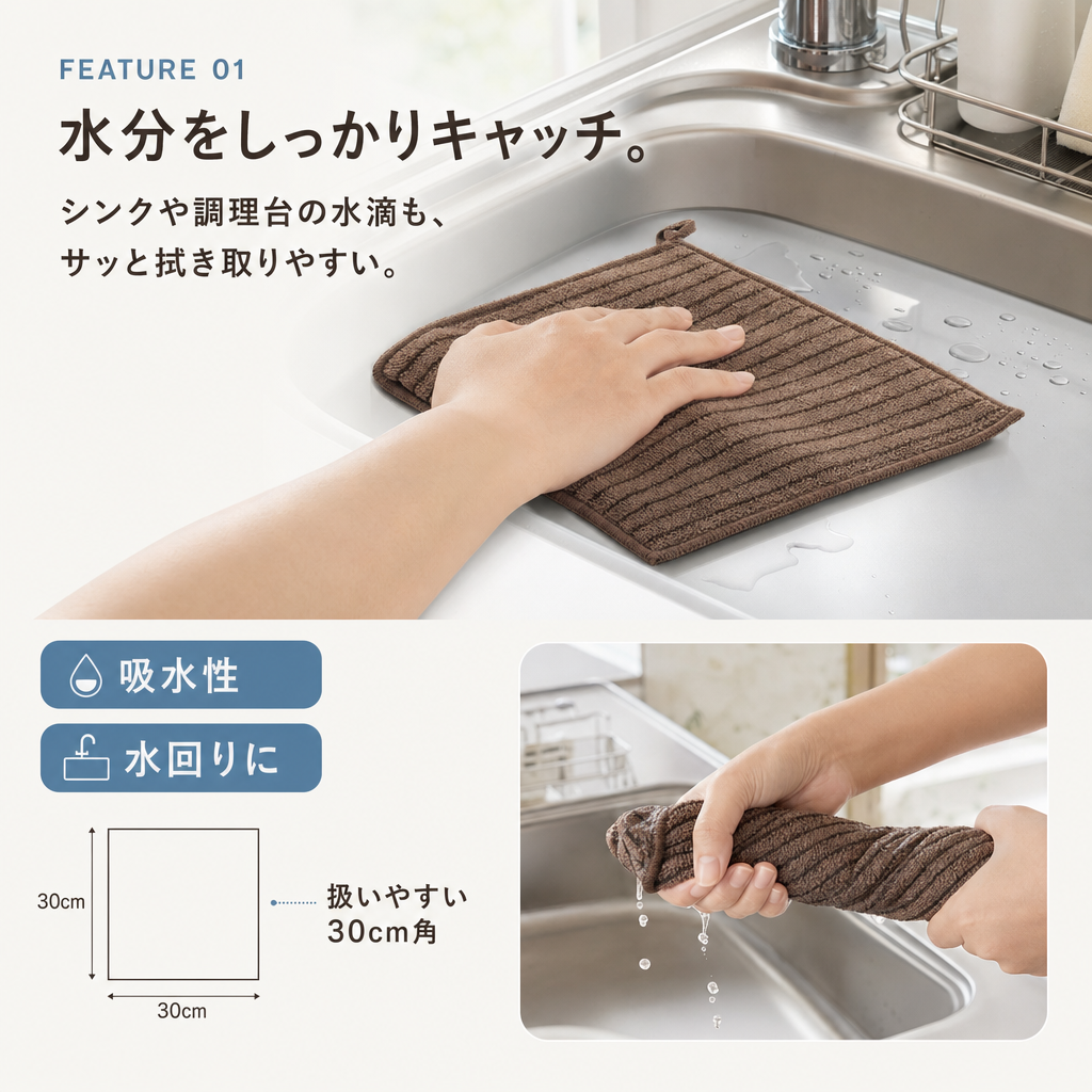【全国送料無料🚗】キッチンクロス5枚セット 吸水 水拭き・乾拭き対応 吊り下げループ付き